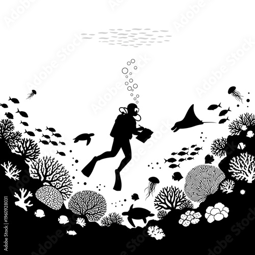 Scuba diver exploring ocean coral reef.