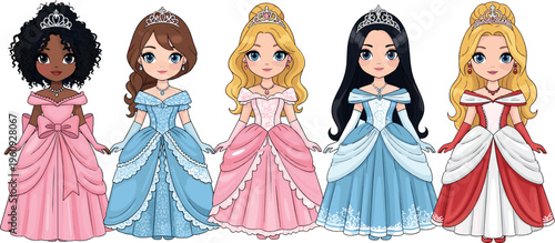 Cute princess characters set in elegant gowns featuring diverse fairy tale girls with crowns, fantasy costumes, and charming cartoon style vector illustration collection
