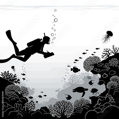 Scuba diver exploring ocean coral reef.