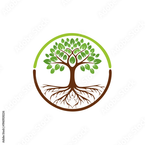 Stylized Tree of Life with strong roots enclosed in a circular frame
