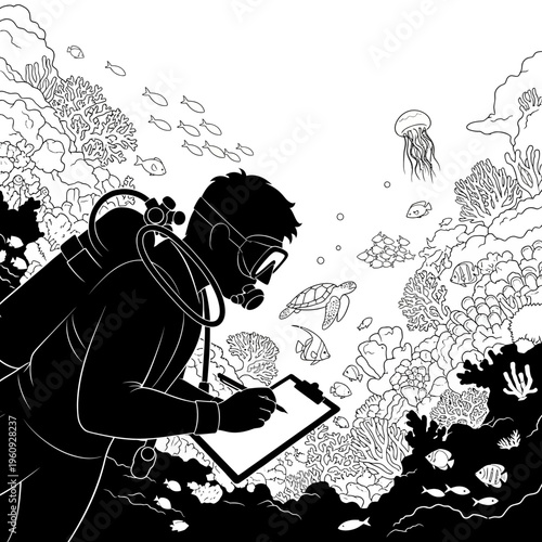 Scuba diver writing on clipboard underwater.