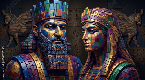 Colorful Mosaic King and Queen Portrait Mosaic King Queen Colorful Portrait Ancient Sculpture. Concept featuring mosaic, king, queen, colorful, portrait for professional commercial design.