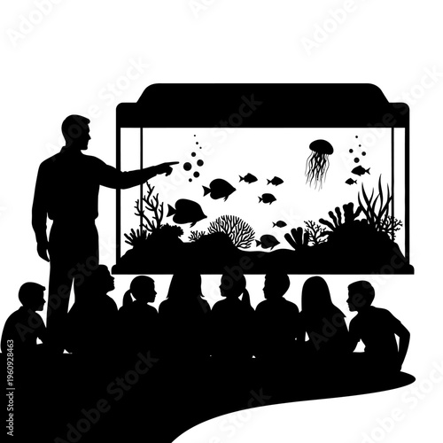 Silhouette of people looking at aquarium.
