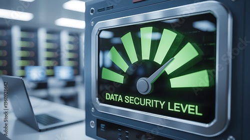 A server rack displays a data security level indicator with a speed gauge and green bars