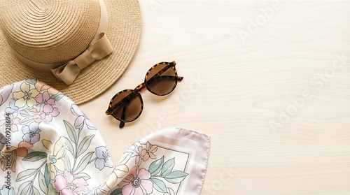 Straw hat with sunglasses and floral scarf on wooden background. Flat lay of female accessories for spring outfit. Vacation gear layout for travel concept, seasonal style and sunny holiday aesthetic