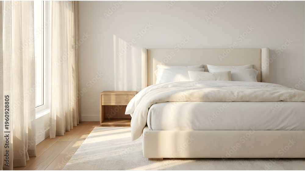 Fototapeta premium Bright Minimalist Bedroom with Sunbeams and Neutral Toned Linens
