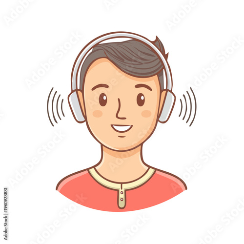 Smiling person wearing headphones listening to music or sound with audio waves