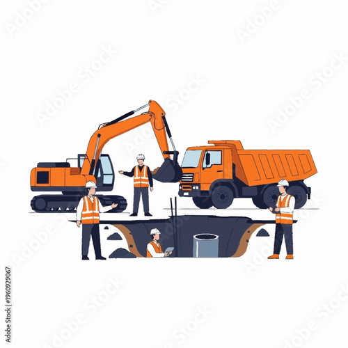 Construction site with workers, excavator, dump truck, and underground utility trench.