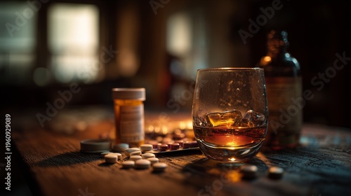 Glass of alcohol, pill bottle and scattered pill on table conveying drug abuse, substance misuse and addiction despair.