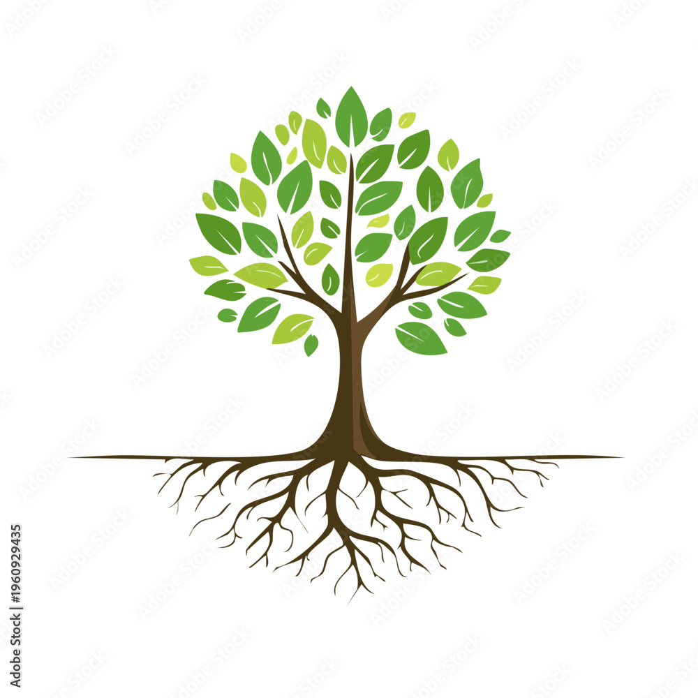 Fototapeta premium Stylized tree with visible roots and vibrant green leaves on white background