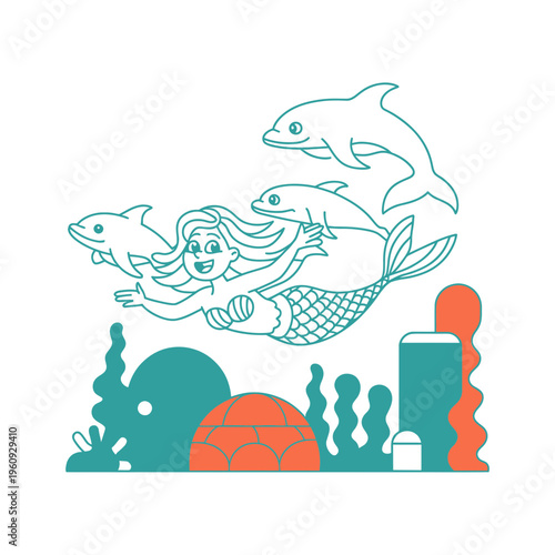 Cheerful mermaid swimming with playful dolphins in an underwater scene with coral reefs seaweed and stylized marine flora in a minimalist flat vector graphic illustration