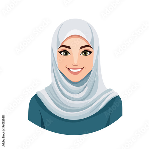 Smiling woman wearing a hijab and traditional clothing, graphic illustration