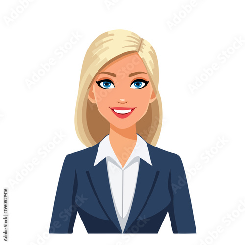 Smiling blonde woman in a professional blue suit and white shirt depicted in a cartoon style illustration