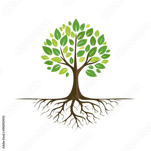 Stylized tree with visible roots and vibrant green leaves on white background