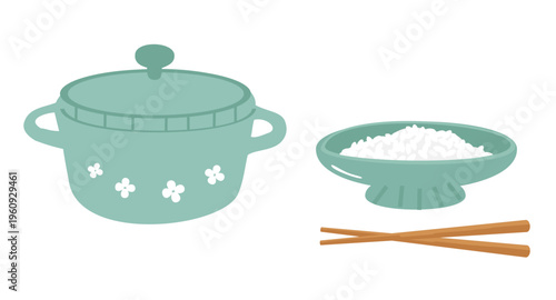 Cute cooking pot rice bowl and chopsticks minimal kitchen illustration design