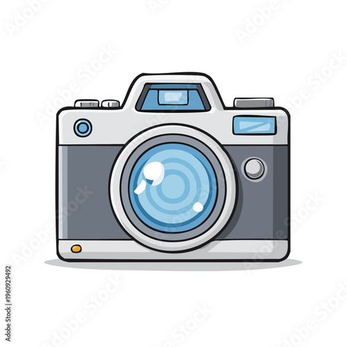Digital Camera Front View Illustration with Blue Lens and Gray Body