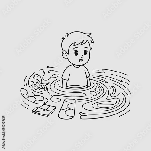 Concerned boy standing in polluted water surrounded by floating plastic waste and trash debris in a simple outline style illustration representing environmental pollution