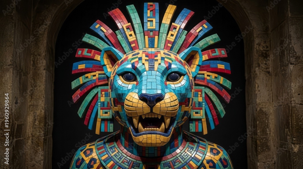 Obraz premium Colorful Mosaic Lion Sculpture Lion Sculpture Mosaic Colorful Art Design Tiles. Concept featuring lion, sculpture, mosaic, colorful, art for professional commercial design.