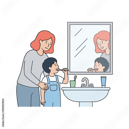 Woman helps a child brush teeth in bathroom while looking at mirror