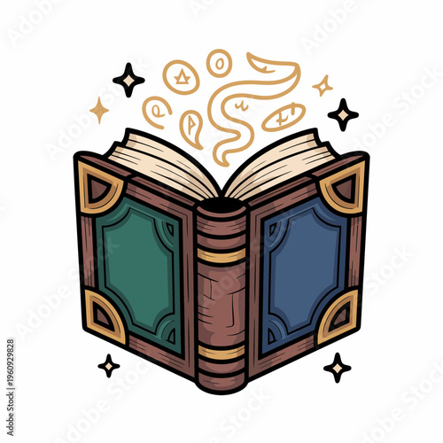 Open ancient magic spellbook featuring glowing magical symbols and floating runes with detailed leather binding and ornate metallic corners on a clean isolated white background