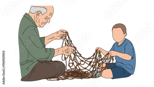 Obraz na plátne Generational Knot: An elderly man and a young boy collaborate, patiently untangling a fishing net, symbolizing shared knowledge and the enduring bond of family