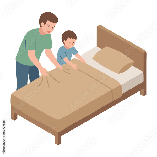 Father and son making bed together in bedroom at home