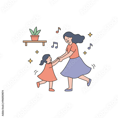 A woman and a girl dancing together happily indoors with music notes