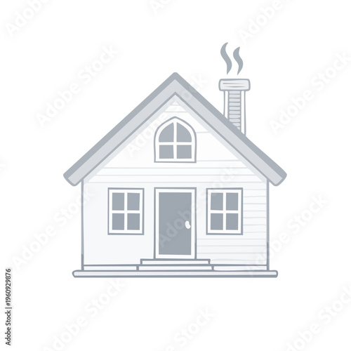 Simple Line Art Drawing of a Cozy House with Smoke Coming from Chimney
