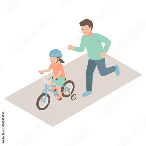 Father teaches young girl riding bicycle on pavement outdoors