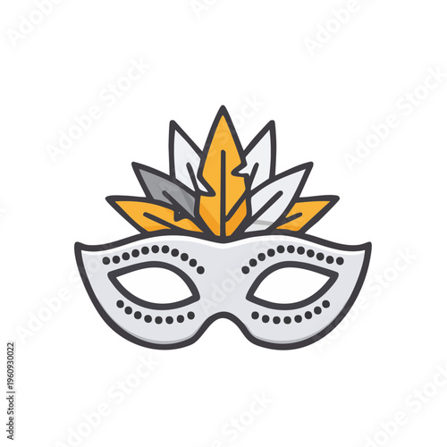 White masquerade mask adorned with feathers and decorative dots