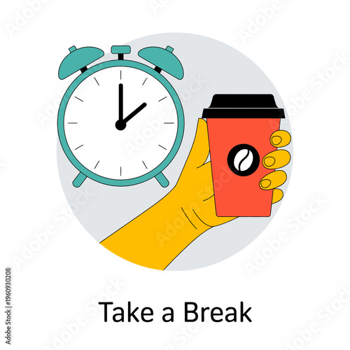 Morning Routine Coffee To Go with Alarm Clock Wake Up Concept Flat Vector Illustration