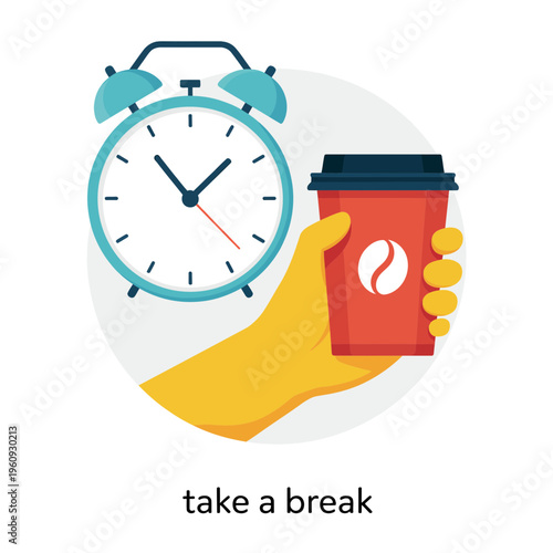 Morning Routine Coffee To Go with Alarm Clock Wake Up Concept Flat Vector Illustration