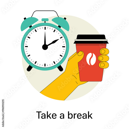 Morning Routine Coffee To Go with Alarm Clock Wake Up Concept Flat Vector Illustration