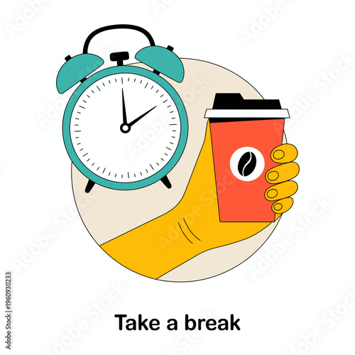 Morning Routine Coffee To Go with Alarm Clock Wake Up Concept Flat Vector Illustration