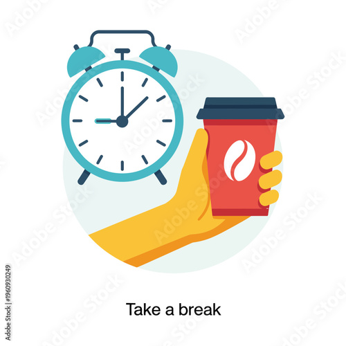 Morning Routine Coffee To Go with Alarm Clock Wake Up Concept Flat Vector Illustration
