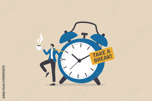 Take a Break Concept Man Sitting on Alarm Clock Coffee Time Relax Vector Illustration
