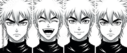 Manga style male character face expressions set showing different emotions including serious, happy, and neutral anime portrait illustrations in black and white