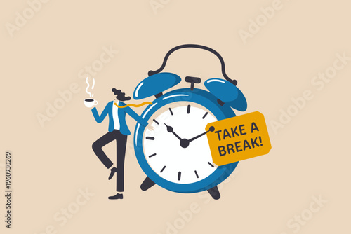 Take a Break Concept Man Sitting on Alarm Clock Coffee Time Relax Vector Illustration