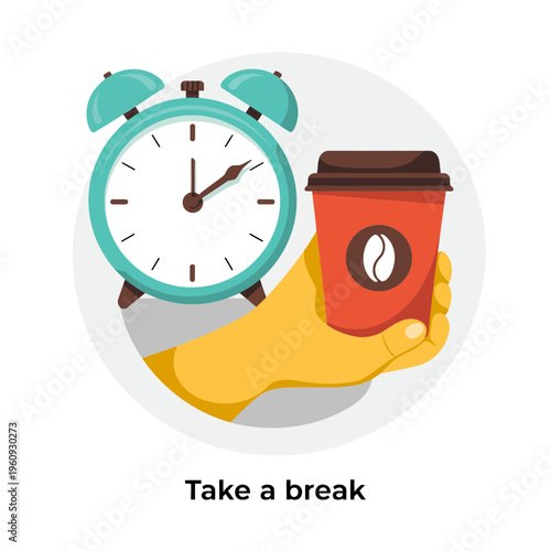 Morning Routine Coffee To Go with Alarm Clock Wake Up Concept Flat Vector Illustration