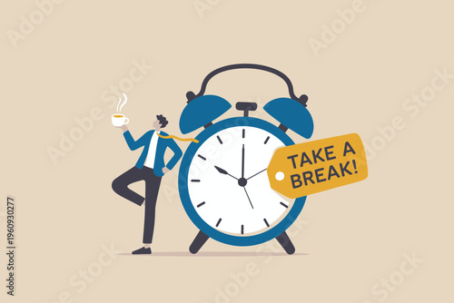 Take a Break Concept Man Sitting on Alarm Clock Coffee Time Relax Vector Illustration