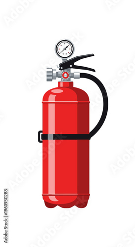Red Fire Extinguisher with Gauge and Hose.