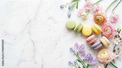 Pastel macarons arranged with spring flowers on a marble surface. Concept for greeting card or holiday invitation