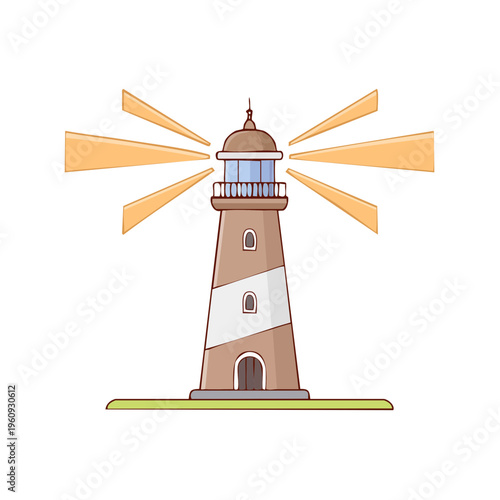 Brown and white striped lighthouse emitting beams of light on grassy ground