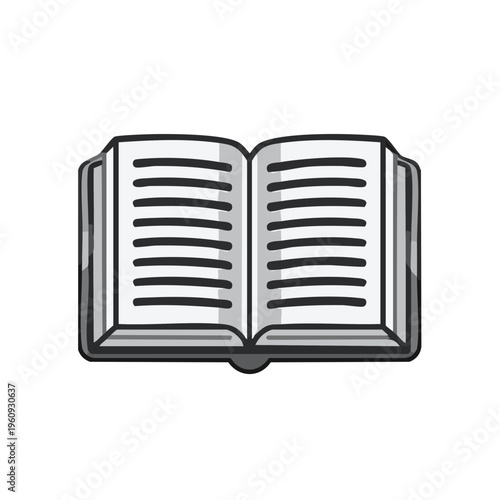 Open book with blank lined pages in a classic binding style rendered in black and white