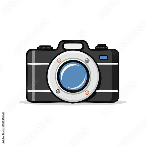 Modern Digital Camera Icon with Blue Lens and Silver Accents