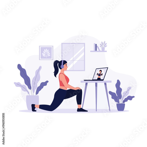 Woman Home Workout Lunge Exercise Fitness Training Online Coaching Flat Vector Illustration