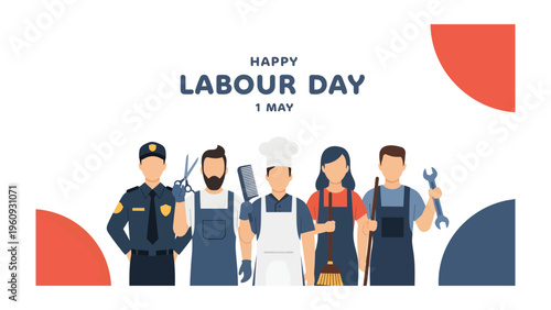 Fotografía Happy Labour Day: A diverse group of workers representing various professions stand united, celebrating Labour Day with pride and recognition for their contributions