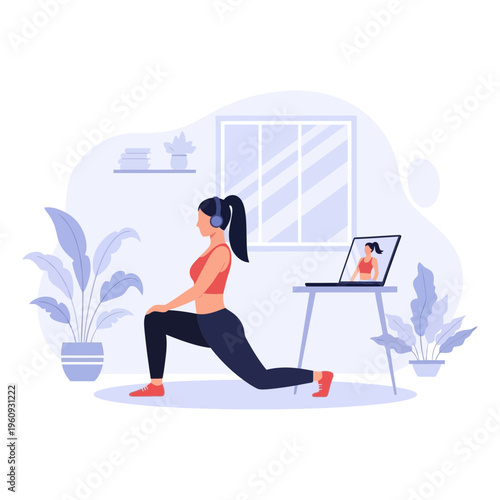 Woman Home Workout Lunge Exercise Fitness Training Online Coaching Flat Vector Illustration