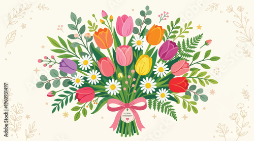 Vibrant and Cheerful Spring Bouquet of Fresh Tulips and Daisies with Lush Greenery, a Perfect Floral Graphic Concept for Celebrations and Special Occasions