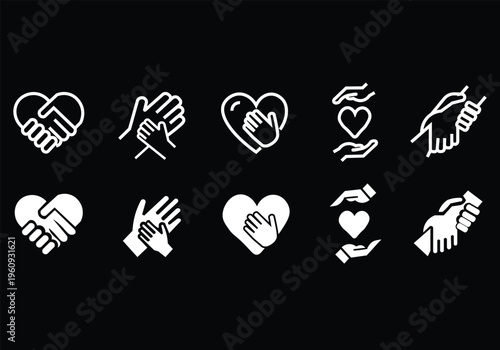 Charity hands icon set. Donation and aid symbol. Friendship logo. Vector illustration.